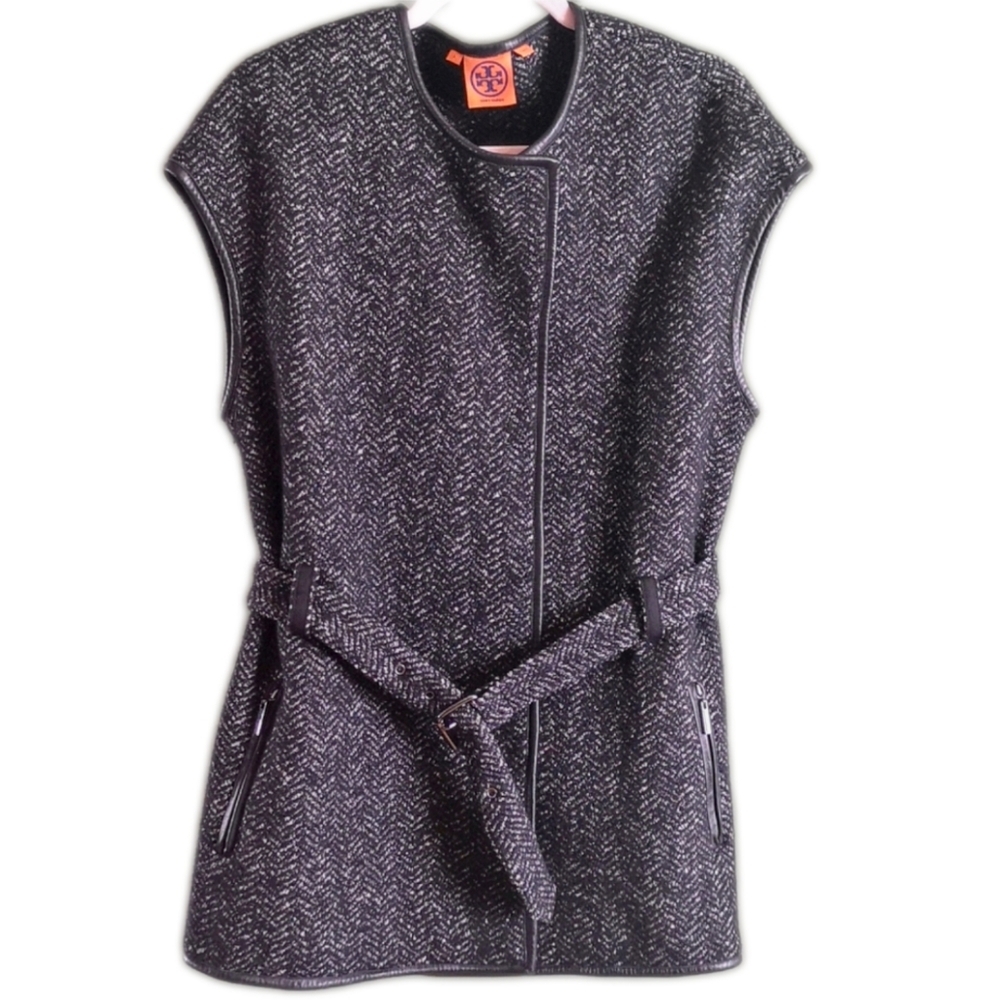 Tory Burch Belted Wool & Leather Sleeveless Statment Vest Blazer Piece Sz L